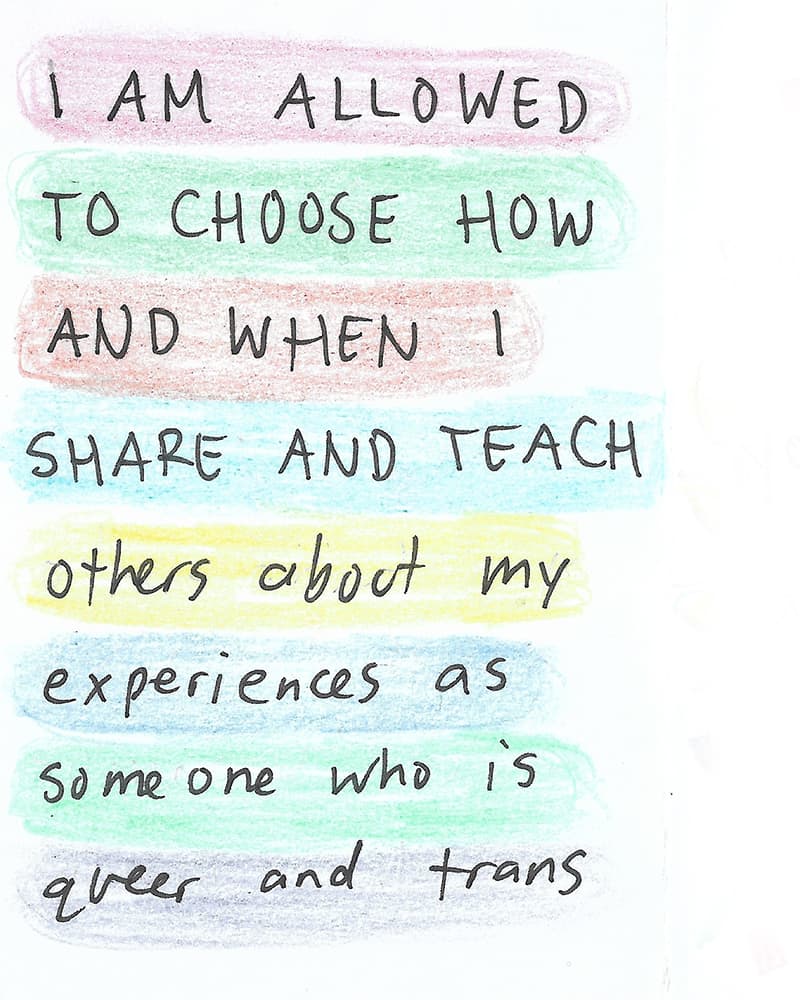 A handwritten pewm that reads, "I am allowed to choose how and when I share and teach others about my experiences as someone who is queer and trans."